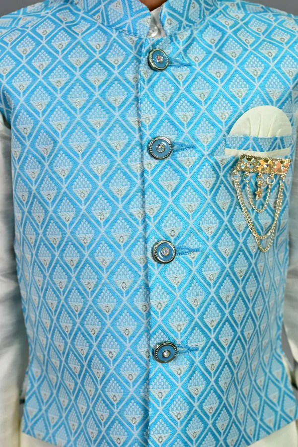 Sky_Blue_&_White_Cotton_Silk_Kurta,_Waistcoat_And_Dhoti_Pant_Set_Embroidered_For_Boys