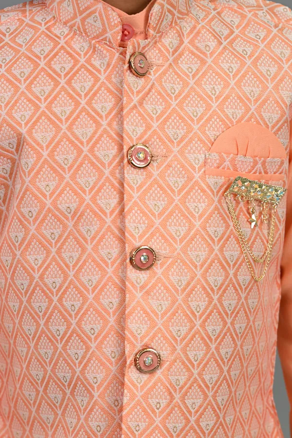 Peach_Cotton_Silk_Kurta,_Waistcoat_And_Dhoti_Pant_Set_Embroidered_For_Boys
