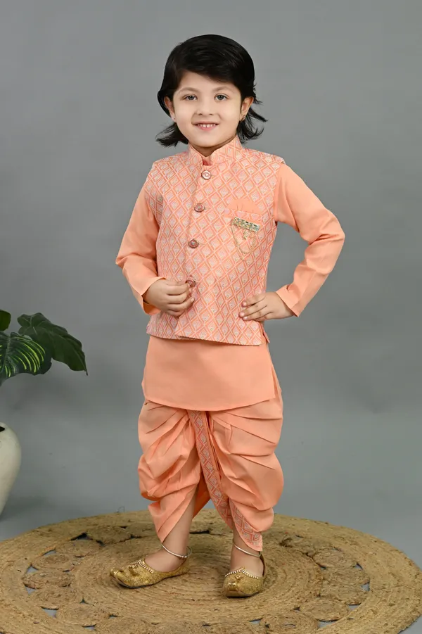 Peach_Cotton_Silk_Kurta,_Waistcoat_And_Dhoti_Pant_Set_Embroidered_For_Boys