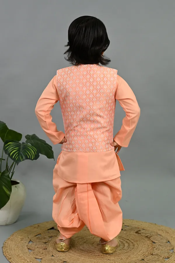 Peach_Cotton_Silk_Kurta,_Waistcoat_And_Dhoti_Pant_Set_Embroidered_For_Boys