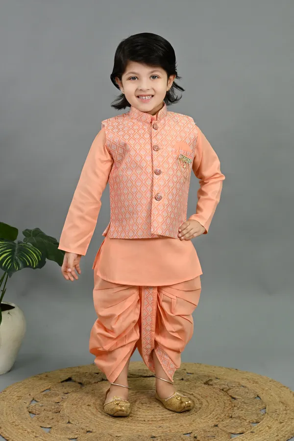Peach_Cotton_Silk_Kurta,_Waistcoat_And_Dhoti_Pant_Set_Embroidered_For_Boys