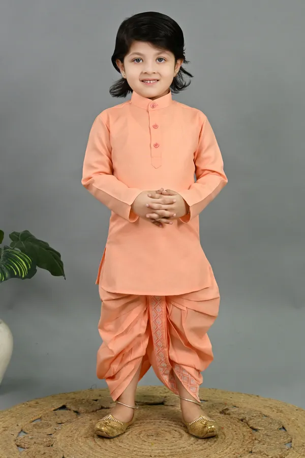 Peach_Cotton_Silk_Kurta,_Waistcoat_And_Dhoti_Pant_Set_Embroidered_For_Boys