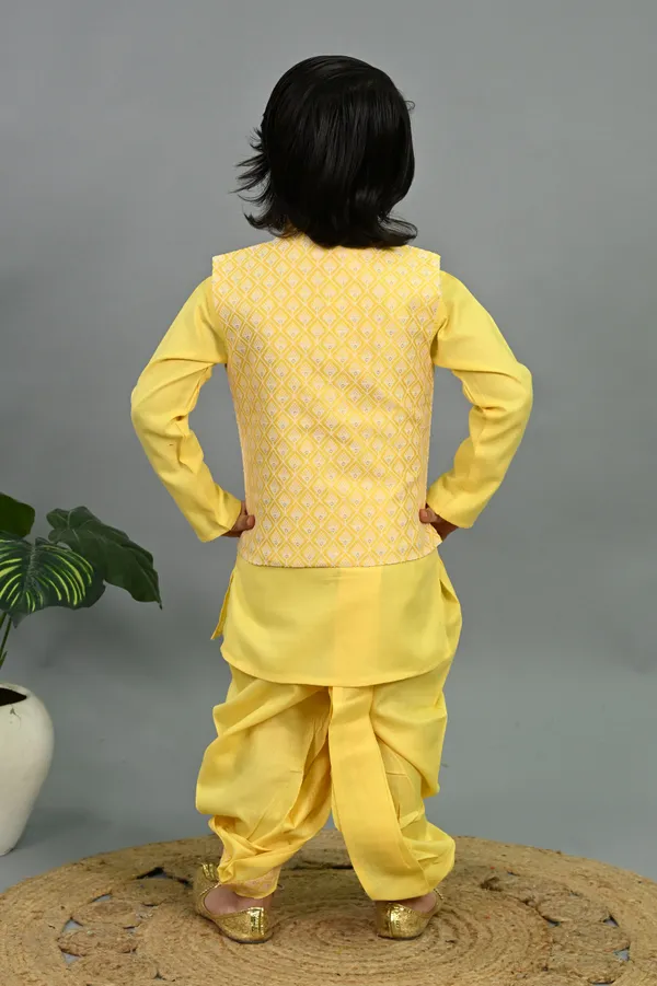 Yellow_Cotton_Silk_Kurta,_Waistcoat_And_Dhoti_Pant_Set_Embroidered_For_Boys