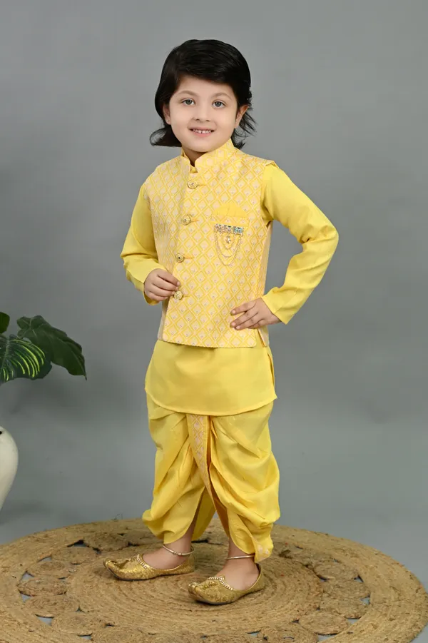 Yellow_Cotton_Silk_Kurta,_Waistcoat_And_Dhoti_Pant_Set_Embroidered_For_Boys