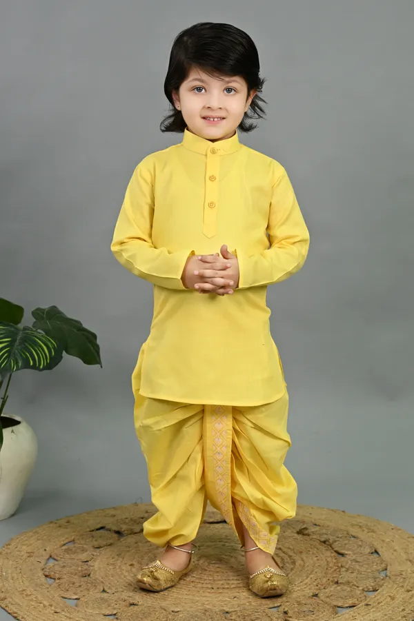 Yellow_Cotton_Silk_Kurta,_Waistcoat_And_Dhoti_Pant_Set_Embroidered_For_Boys