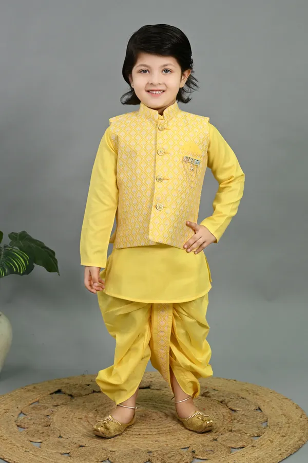 Yellow_Cotton_Silk_Kurta,_Waistcoat_And_Dhoti_Pant_Set_Embroidered_For_Boys
