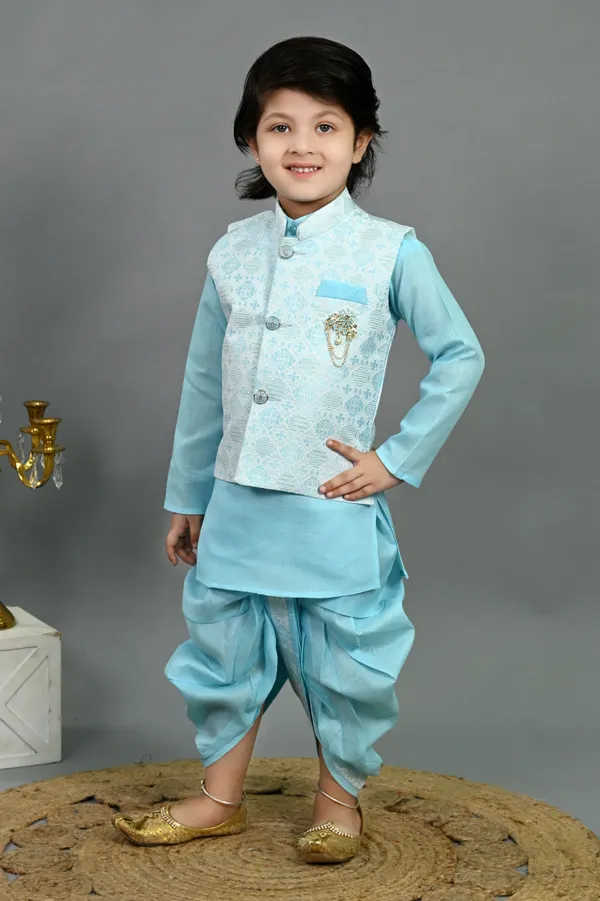 Aqua_Blue_Cotton_Silk_Kurta,_Waistcoat_And_Dhoti_Pant_Set_Ethnic_Motifs_For_Boys