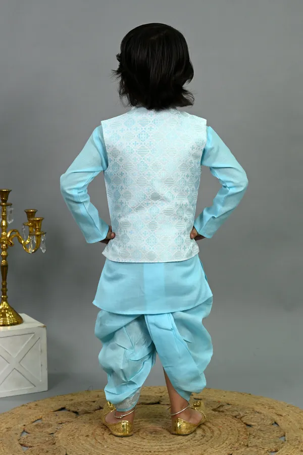 Aqua_Blue_Cotton_Silk_Kurta,_Waistcoat_And_Dhoti_Pant_Set_Ethnic_Motifs_For_Boys