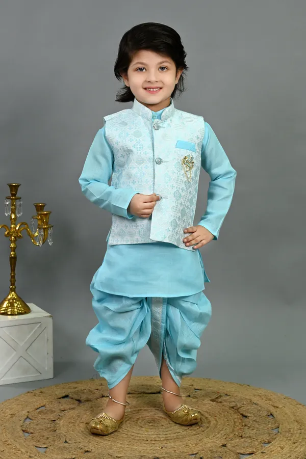 Aqua_Blue_Cotton_Silk_Kurta,_Waistcoat_And_Dhoti_Pant_Set_Ethnic_Motifs_For_Boys
