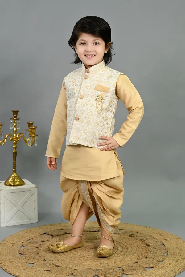 Fawn_Cotton_Silk_Kurta,_Waistcoat_And_Dhoti_Pant_Set_Ethnic_Motifs_For_Boys