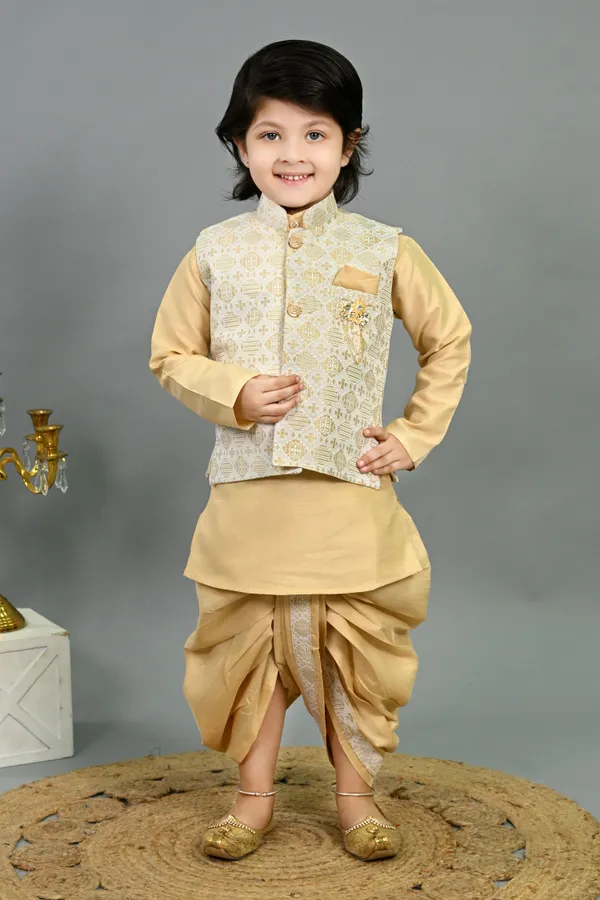 Fawn_Cotton_Silk_Kurta,_Waistcoat_And_Dhoti_Pant_Set_Ethnic_Motifs_For_Boys