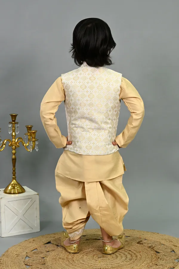 Fawn_Cotton_Silk_Kurta,_Waistcoat_And_Dhoti_Pant_Set_Ethnic_Motifs_For_Boys