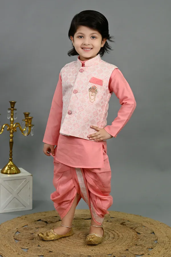 Pink_Cotton_Silk_Kurta,_Waistcoat_And_Dhoti_Pant_Set_Ethnic_Motifs_For_Boys