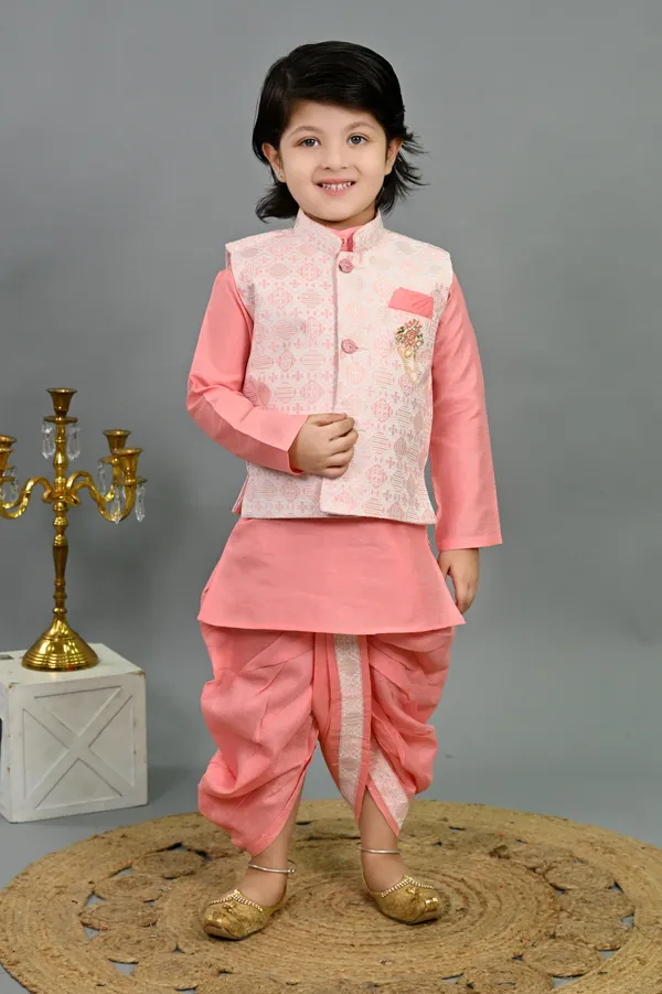 Pink_Cotton_Silk_Kurta,_Waistcoat_And_Dhoti_Pant_Set_Ethnic_Motifs_For_Boys