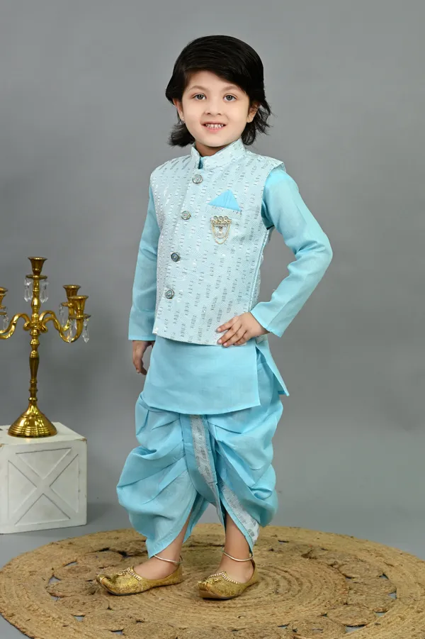 Sky_Blue_Cotton_Silk_Kurta,_Waistcoat_And_Dhoti_Pant_Set_Embroidered_|Self_Design_For_Boys