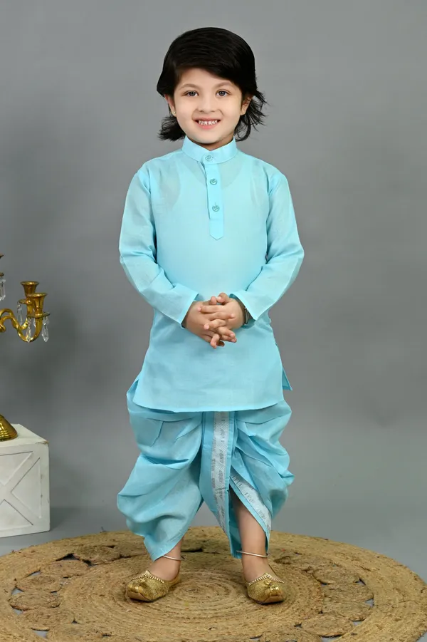 Sky_Blue_Cotton_Silk_Kurta,_Waistcoat_And_Dhoti_Pant_Set_Embroidered_|Self_Design_For_Boys