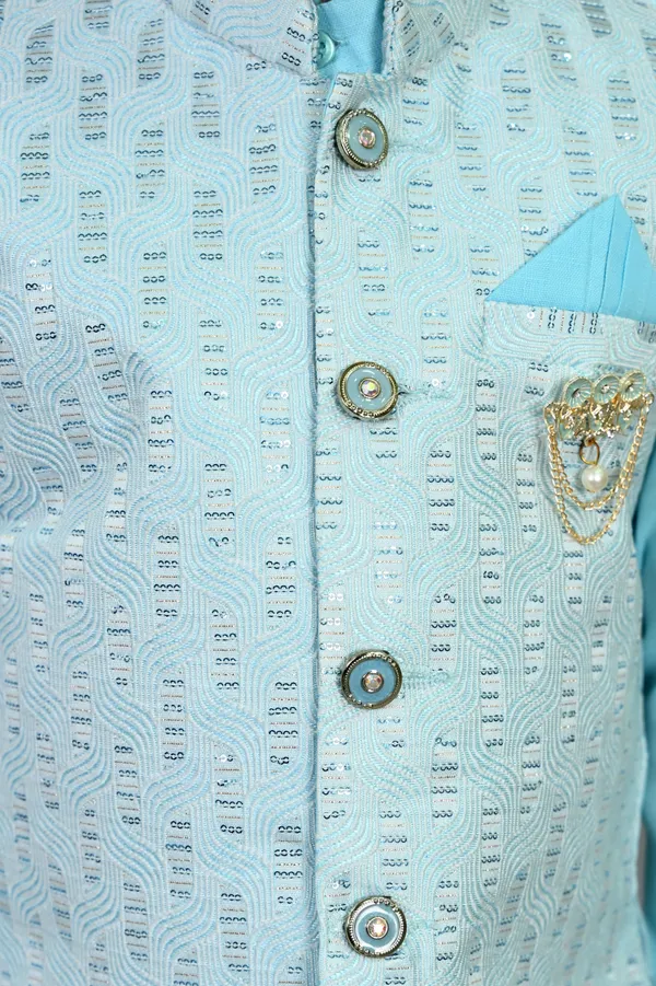 Sky_Blue_Cotton_Silk_Kurta,_Waistcoat_And_Dhoti_Pant_Set_Embroidered_|Self_Design_For_Boys