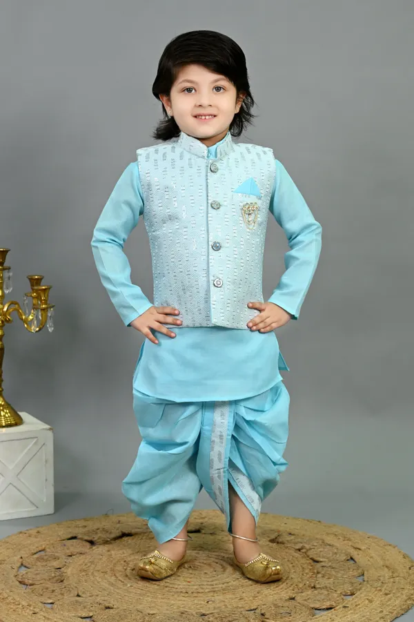 Sky_Blue_Cotton_Silk_Kurta,_Waistcoat_And_Dhoti_Pant_Set_Embroidered_|Self_Design_For_Boys