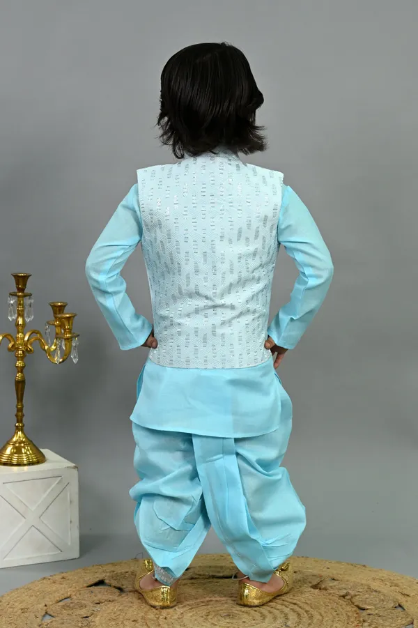 Sky_Blue_Cotton_Silk_Kurta,_Waistcoat_And_Dhoti_Pant_Set_Embroidered_|Self_Design_For_Boys