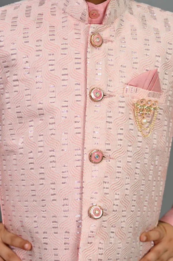 Pink_Cotton_Silk_Kurta,_Waistcoat_And_Dhoti_Pant_Set_Embroidered_|Self_Design_For_Boys