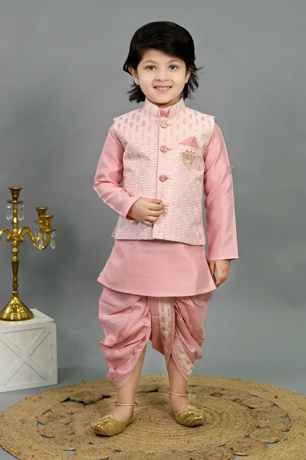 Pink_Cotton_Silk_Kurta,_Waistcoat_And_Dhoti_Pant_Set_Embroidered_|Self_Design_For_Boys