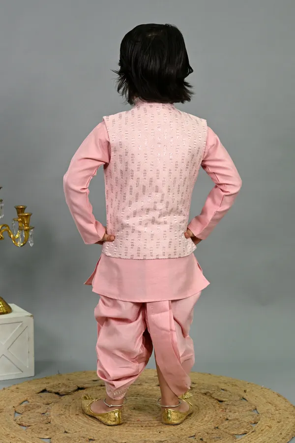 Pink_Cotton_Silk_Kurta,_Waistcoat_And_Dhoti_Pant_Set_Embroidered_|Self_Design_For_Boys