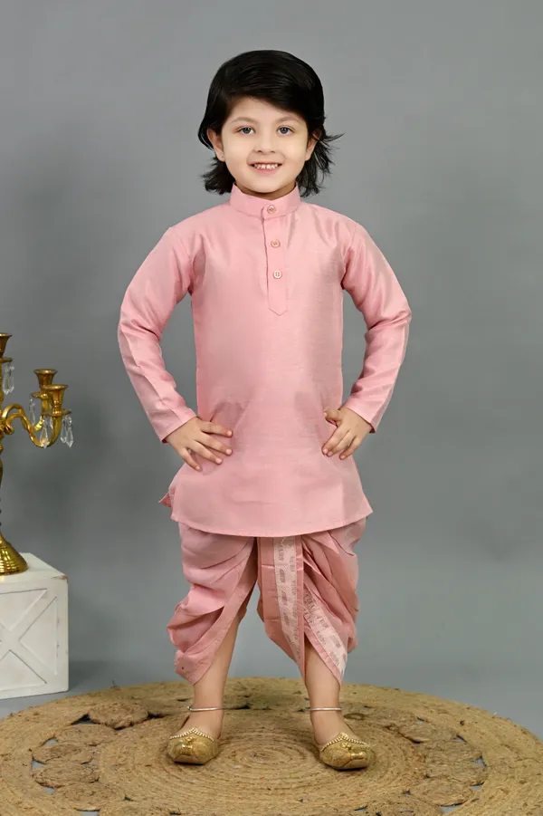 Pink_Cotton_Silk_Kurta,_Waistcoat_And_Dhoti_Pant_Set_Embroidered_|Self_Design_For_Boys