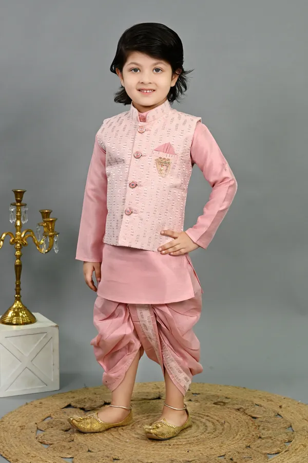 Pink_Cotton_Silk_Kurta,_Waistcoat_And_Dhoti_Pant_Set_Embroidered_|Self_Design_For_Boys