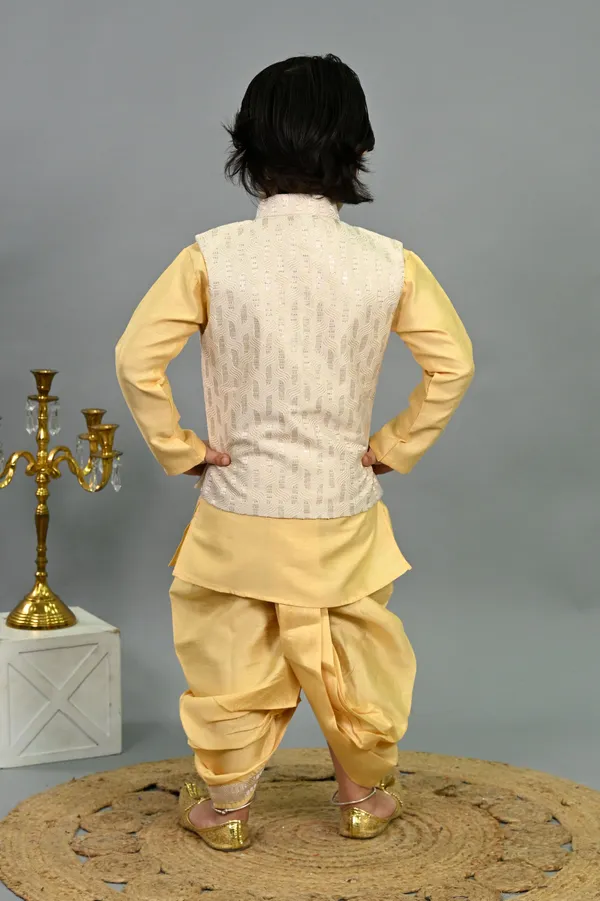 Yellow_Cotton_Silk_Kurta,_Waistcoat_And_Dhoti_Pant_Set_Embroidered_|Self_Design_For_Boys