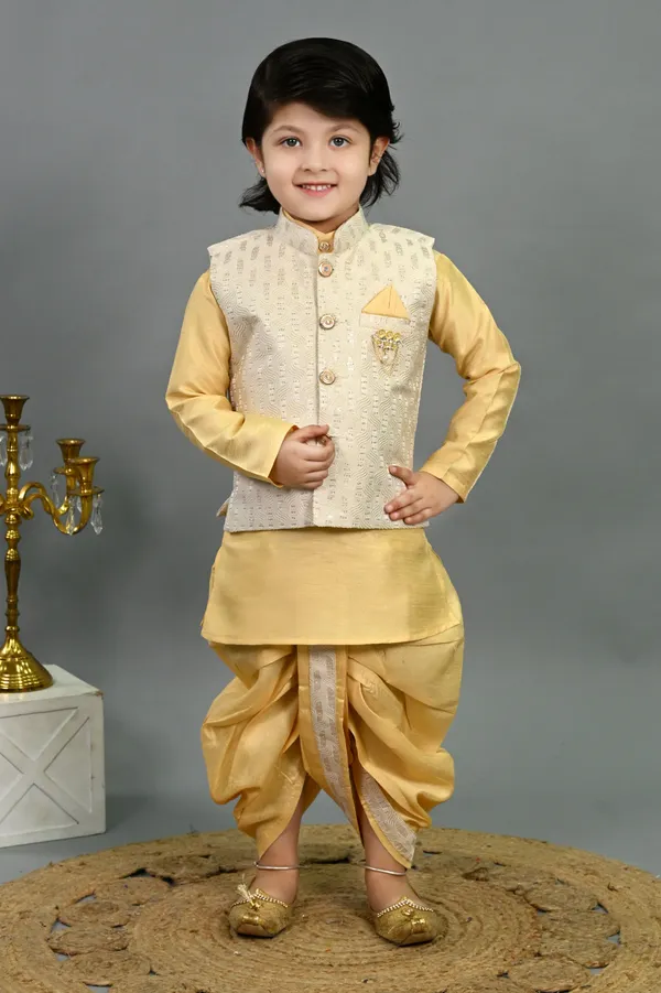 Yellow_Cotton_Silk_Kurta,_Waistcoat_And_Dhoti_Pant_Set_Embroidered_|Self_Design_For_Boys