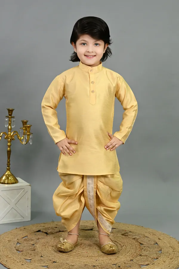 Yellow_Cotton_Silk_Kurta,_Waistcoat_And_Dhoti_Pant_Set_Embroidered_|Self_Design_For_Boys