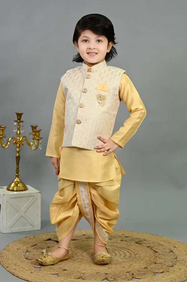 Yellow_Cotton_Silk_Kurta,_Waistcoat_And_Dhoti_Pant_Set_Embroidered_|Self_Design_For_Boys