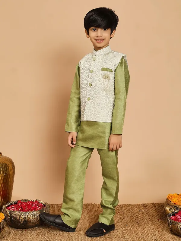 Pista_Green_Cotton_Silk_Kurta,_Waistcoat_And_Pyjama_Set_Embroidered_For_Boys