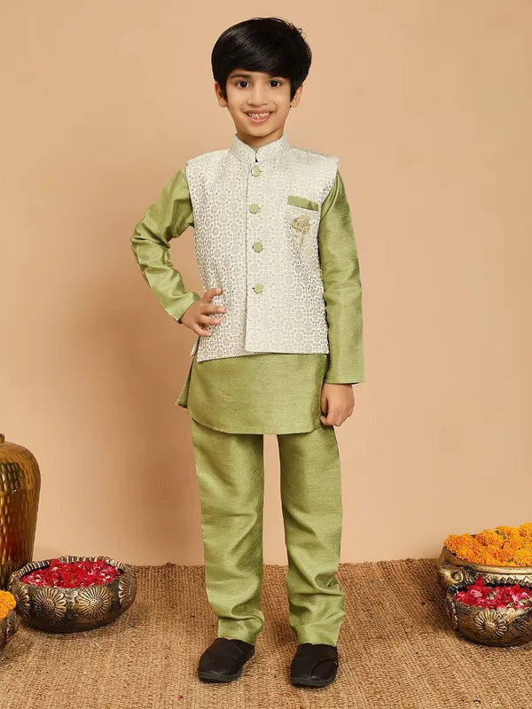 Pista_Green_Cotton_Silk_Kurta,_Waistcoat_And_Pyjama_Set_Embroidered_For_Boys