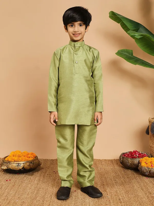Pista_Green_Cotton_Silk_Kurta,_Waistcoat_And_Pyjama_Set_Embroidered_For_Boys