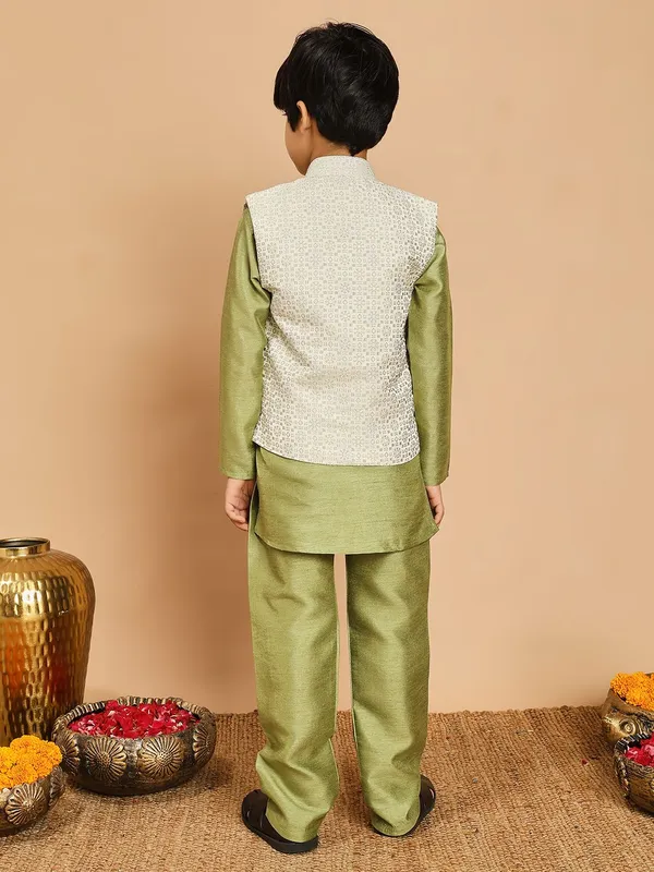 Pista_Green_Cotton_Silk_Kurta,_Waistcoat_And_Pyjama_Set_Embroidered_For_Boys