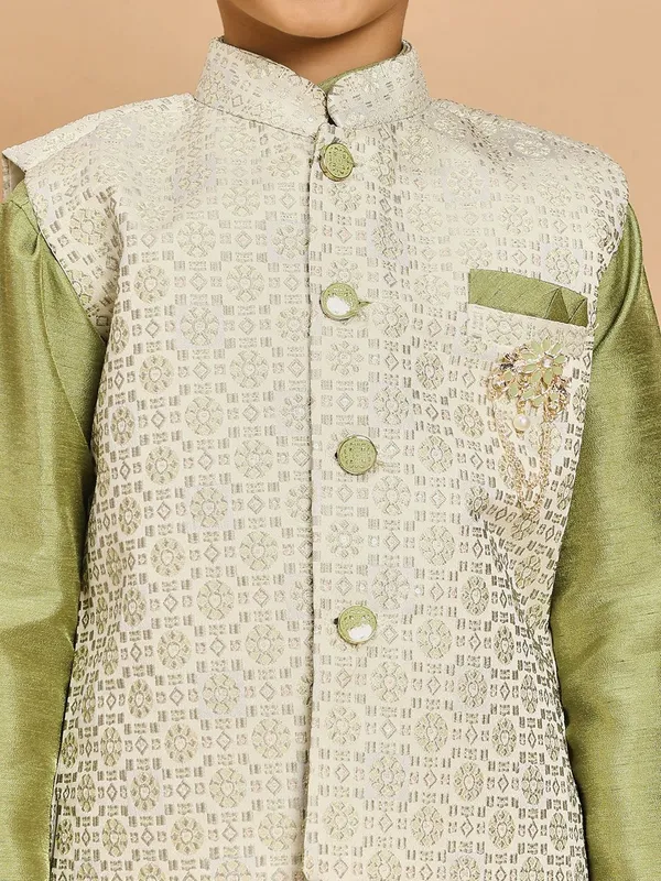 Pista_Green_Cotton_Silk_Kurta,_Waistcoat_And_Pyjama_Set_Embroidered_For_Boys