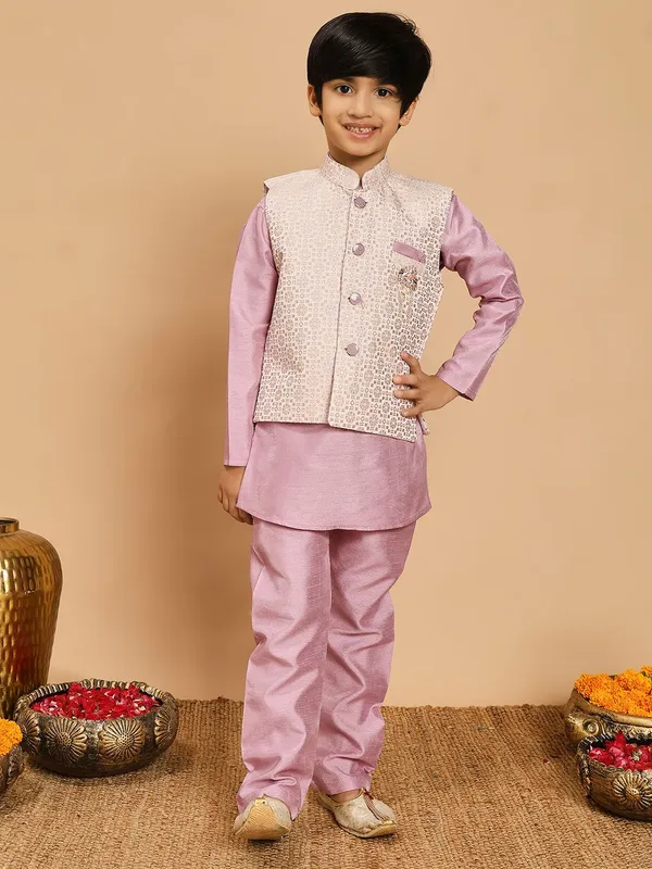Lilac_Cotton_Silk_Kurta,_Waistcoat_And_Pyjama_Set_Embroidered_For_Boys
