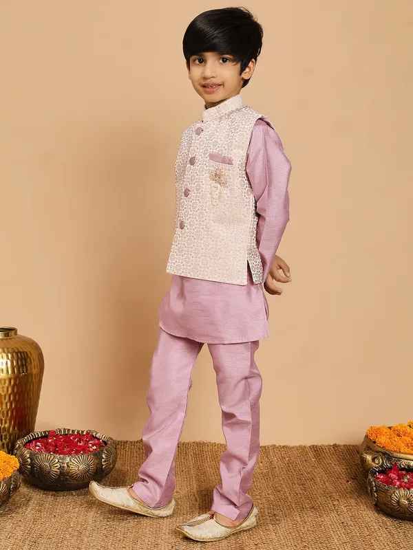 Lilac_Cotton_Silk_Kurta,_Waistcoat_And_Pyjama_Set_Embroidered_For_Boys