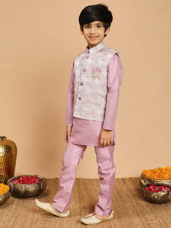 Lilac_Cotton_Silk_Kurta,_Waistcoat_And_Pyjama_Set_Embroidered_For_Boys