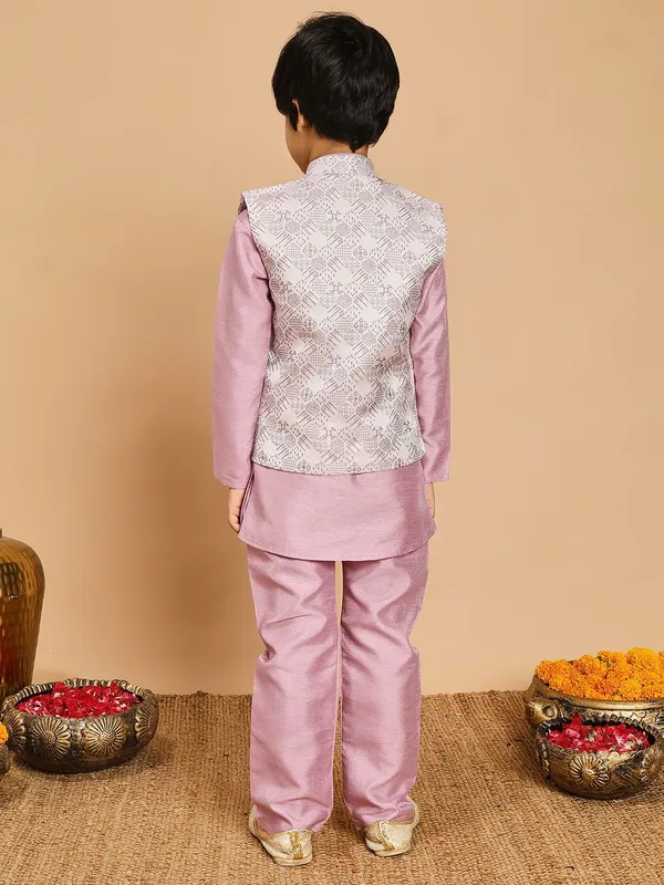 Lilac_Cotton_Silk_Kurta,_Waistcoat_And_Pyjama_Set_Embroidered_For_Boys