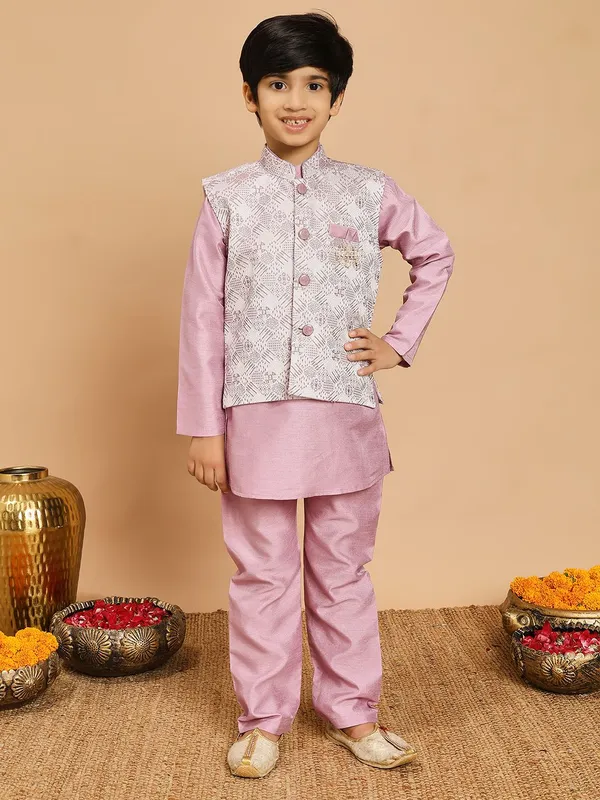Lilac_Cotton_Silk_Kurta,_Waistcoat_And_Pyjama_Set_Embroidered_For_Boys