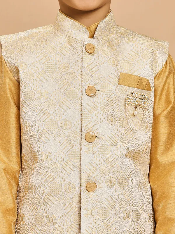 Mustard_Yellow_Cotton_Silk_Kurta,_Waistcoat_And_Pyjama_Set_Embroidered_For_Boys