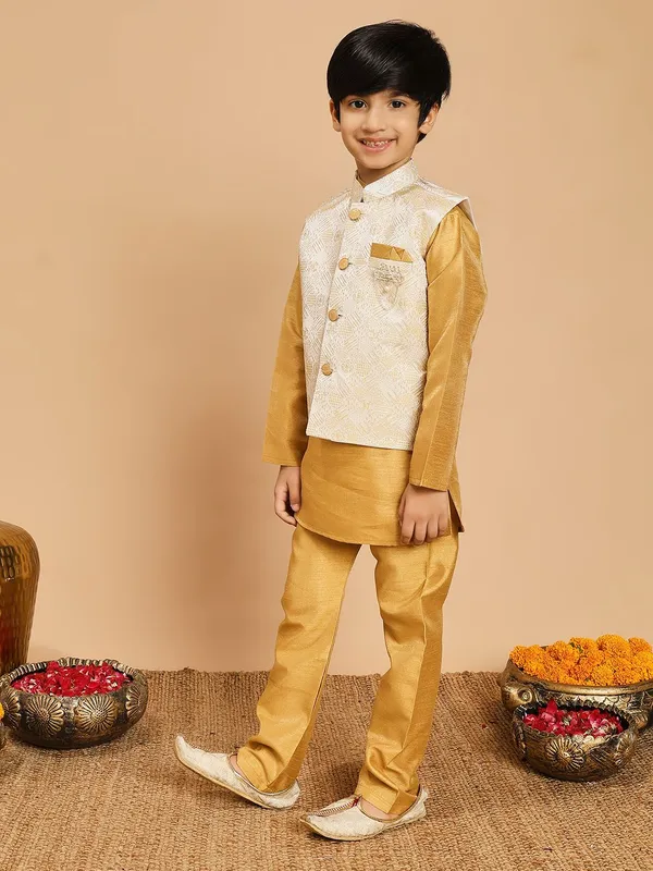 Mustard_Yellow_Cotton_Silk_Kurta,_Waistcoat_And_Pyjama_Set_Embroidered_For_Boys