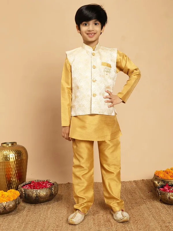 Mustard_Yellow_Cotton_Silk_Kurta,_Waistcoat_And_Pyjama_Set_Embroidered_For_Boys