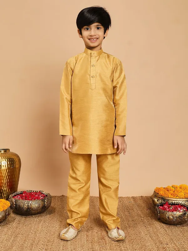 Mustard_Yellow_Cotton_Silk_Kurta,_Waistcoat_And_Pyjama_Set_Embroidered_For_Boys