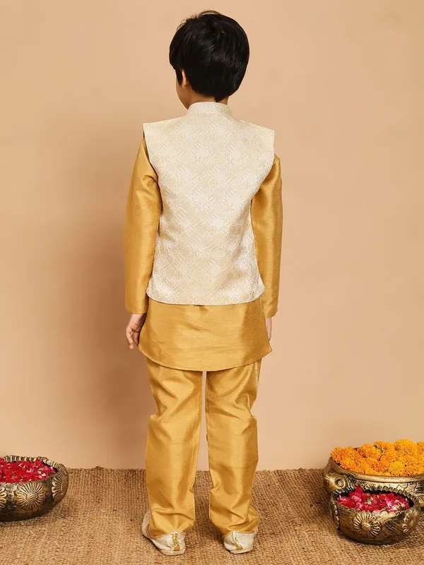 Mustard_Yellow_Cotton_Silk_Kurta,_Waistcoat_And_Pyjama_Set_Embroidered_For_Boys