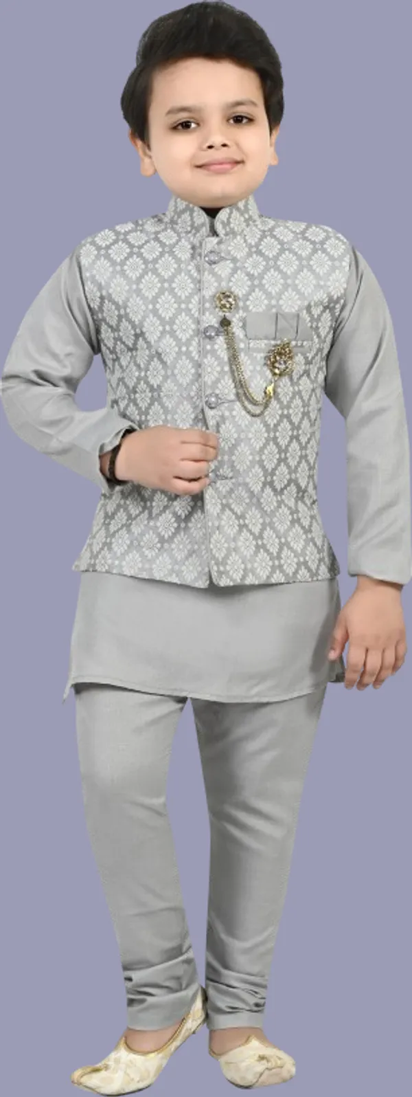 Grey_Jacquard_|Cotton_Blend_Kurta,_Waistcoat_And_Pyjama_Set_Embroidered_For_Boys