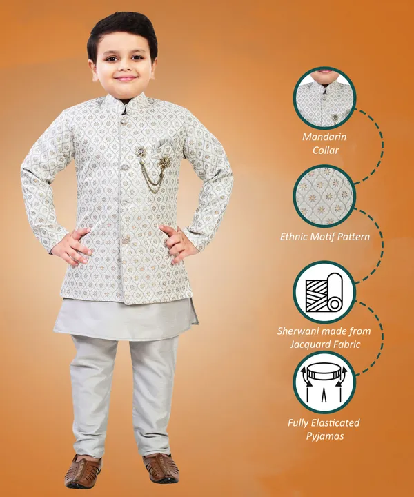 Grey_Jacquard_Kurta,_Waistcoat_And_Pyjama_Set_Ethnic_Motifs_|Solid_For_Boys