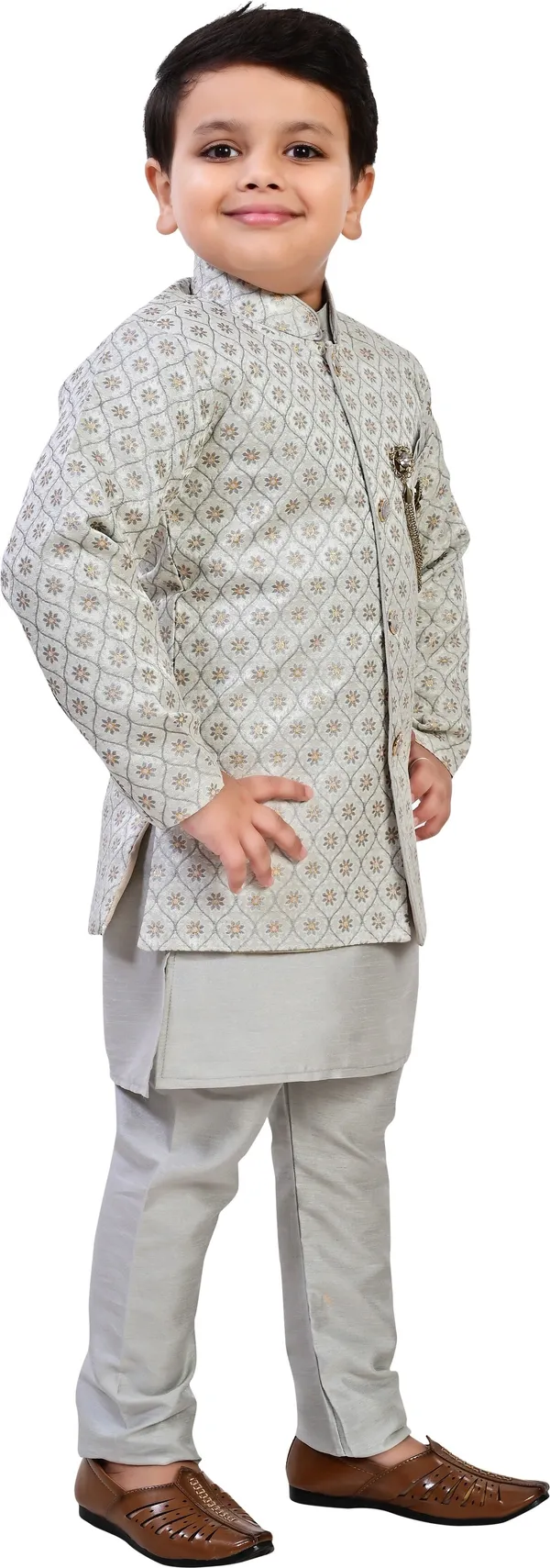 Grey_Jacquard_Kurta,_Waistcoat_And_Pyjama_Set_Ethnic_Motifs_|Solid_For_Boys